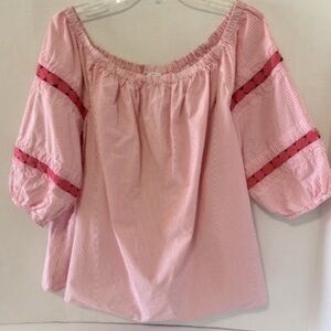 Crown & Ivy Women’s XXL Pink White Stripe Embroidered Balloon Sleeve Boho Casual